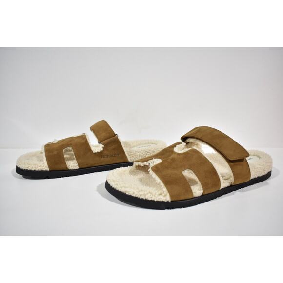 Hermes Chypre Sandal Mens Suede Shearling Fur H Logo Slide Slip On Flat 44 11 main image 12